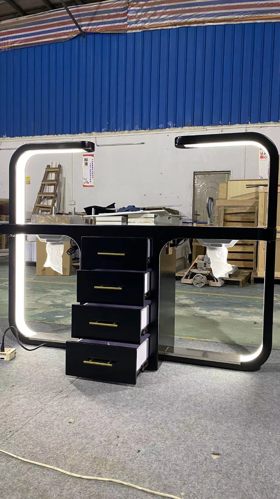 Modern Luxurious Double-Seater Manicure Table with Built-In Light, Storage & Extractor Fan