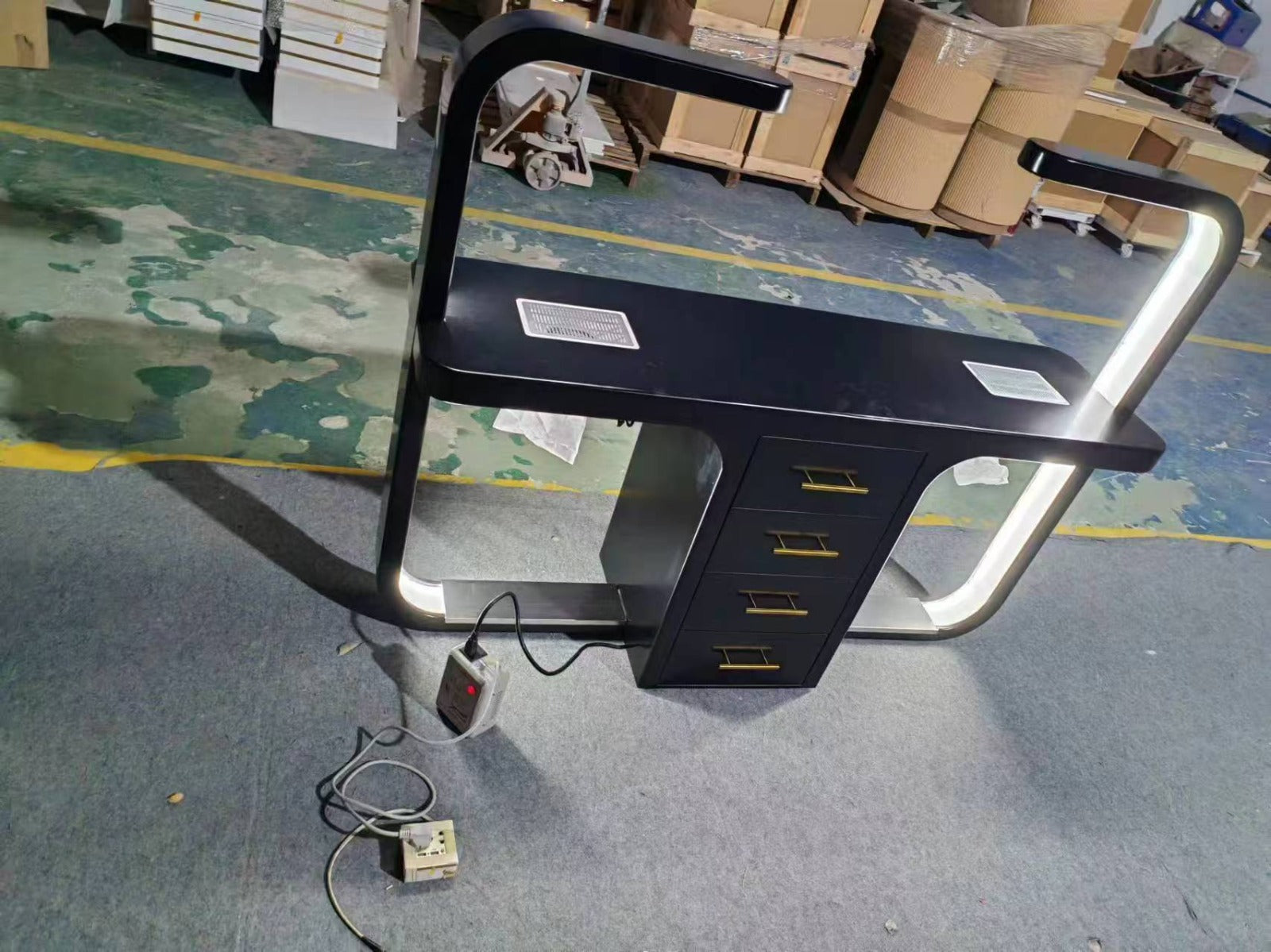 Modern Luxurious Double-Seater Manicure Table with Built-In Light, Storage & Extractor Fan