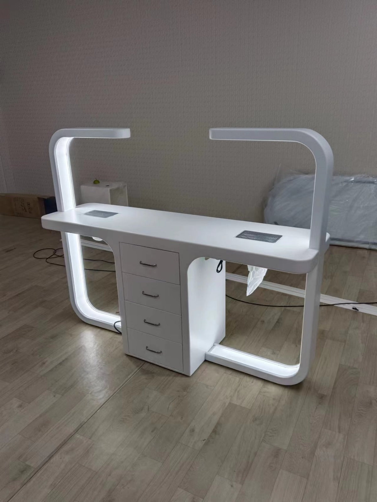 Modern Luxurious Double-Seater Manicure Table with Built-In Light, Storage & Extractor Fan