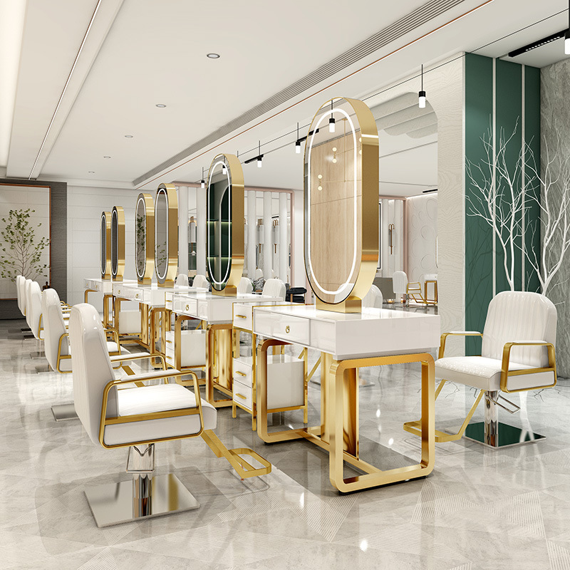 Professional Vanity Station with Oval LED Mirror and Storage for Salons