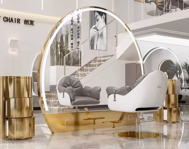 Professional Circular Arch LED Mirror with Platform and Sockets for Salons