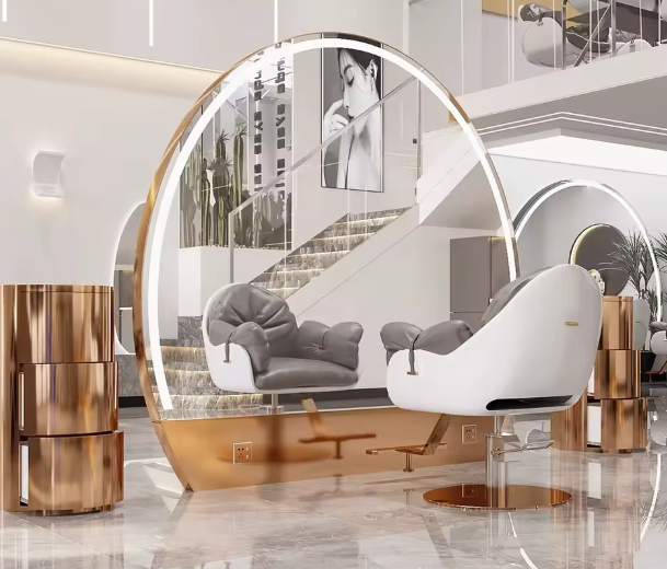 Professional Circular Arch LED Mirror with Platform and Sockets for Salons