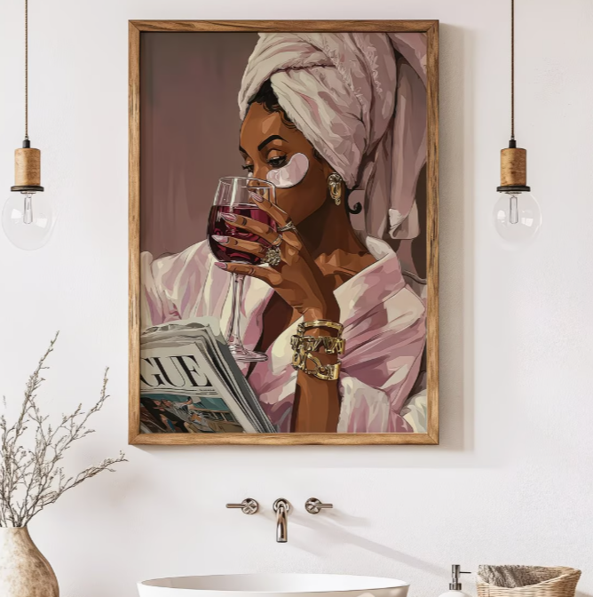 1pc Unframed Pink Towel & Gold Wine Glass Canvas Art Print