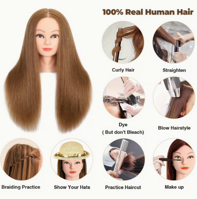 Genuine Human Hair Training Mannequin Head with Clamp Holder — Hairdressing & Cosmetology Practice